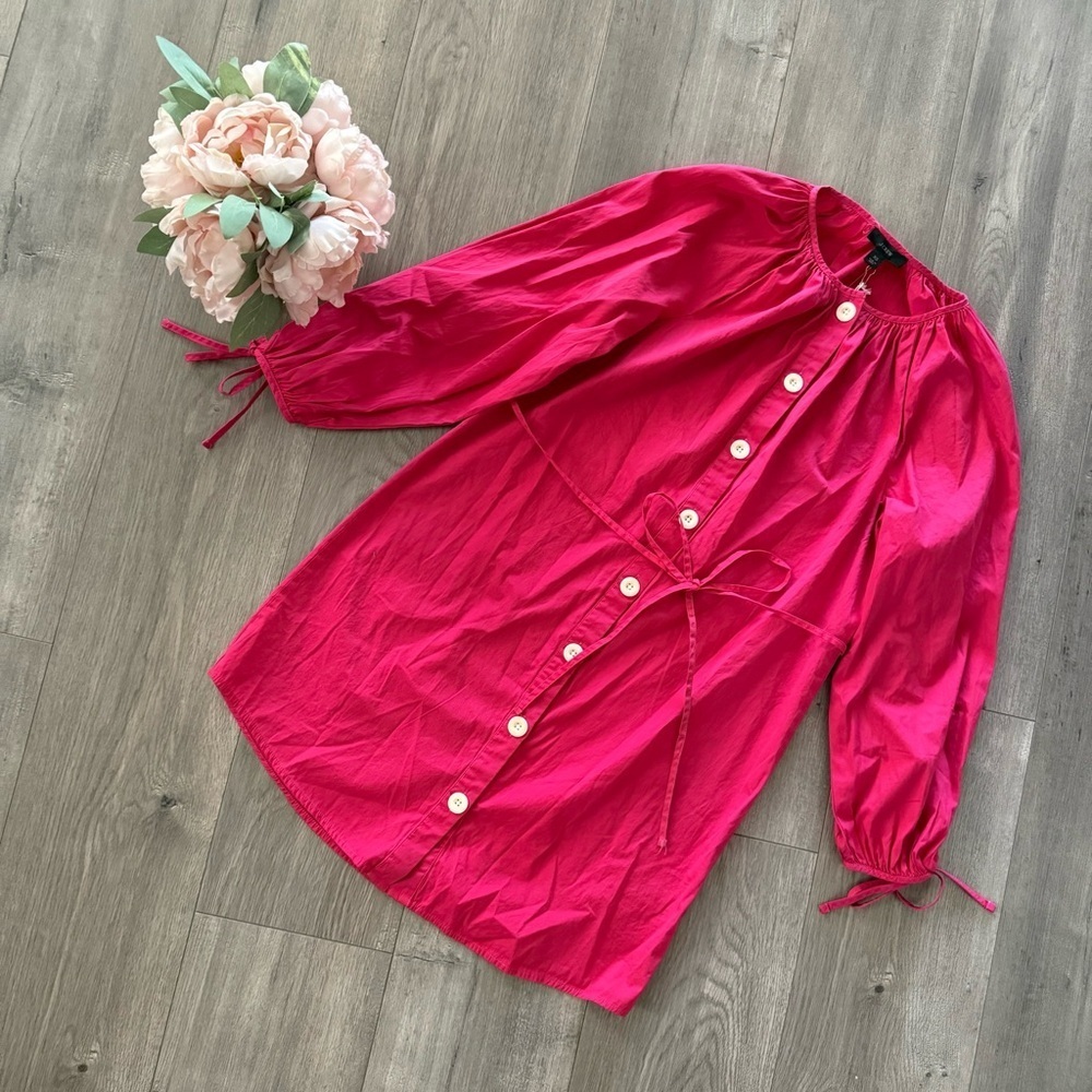 New J. Crew Pink Poof Sleeve‎ Belted Button Down Shirtdress